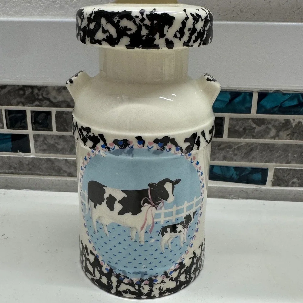 Vintage Country Cow Ceramic Milk Can Soap Lotion Dispenser Farmhouse Decor